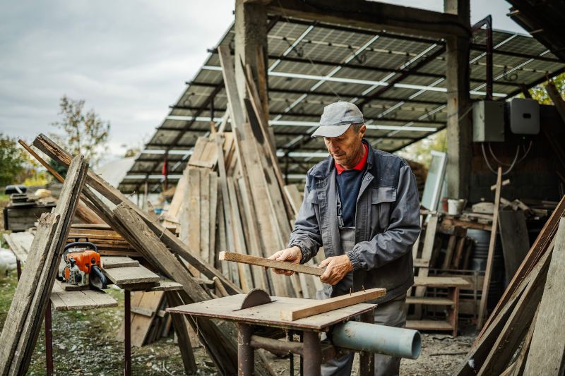 Woodworker using table saw in outdoor shop with solar panels in New England & Beyond